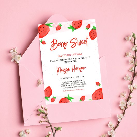 Invitation aquarelle Fraise Baby shower Fille Berry doux
