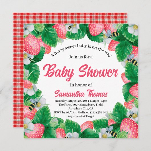 Invitation Aquarelle Fraise Berry Baby shower sucré (Devant / Derrière)