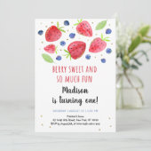 Invitation Aquarelle fraise bleuet 1er anniversaire (Debout devant)