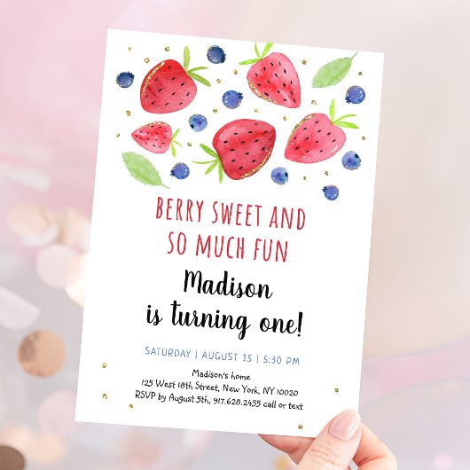 Invitation Aquarelle fraise bleuet 1er anniversaire