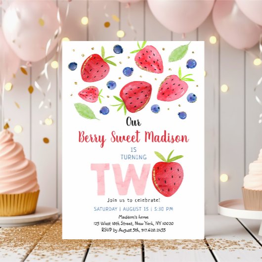 Invitation Aquarelle fraise bleuet 2e anniversaire