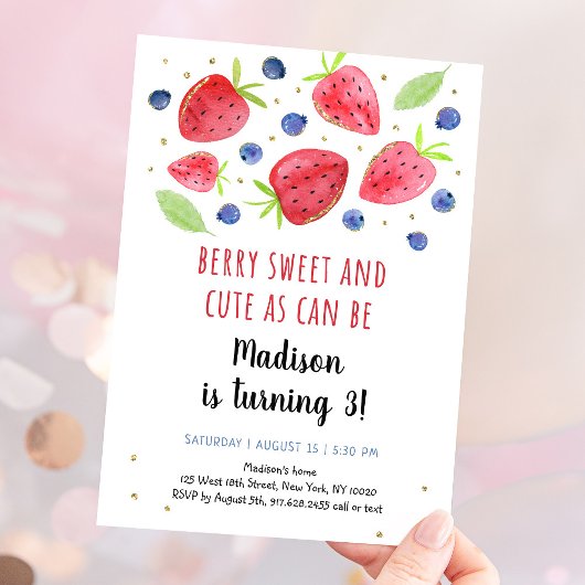 Invitation Aquarelle fraise bleuet 3e anniversaire