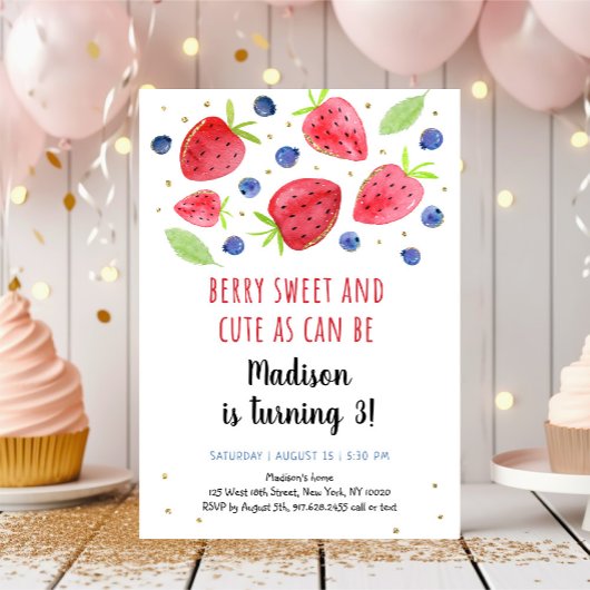 Invitation Aquarelle fraise bleuet 3e anniversaire