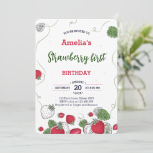 Invitation Aquarelle fraise premier anniversaire sucré