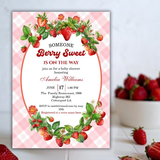Invitation Aquarelle Fraise rose En vichy Berry Sweet