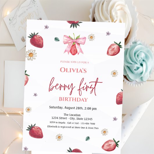 Invitation Aquarelle Fraises Bow Rose 1er anniversaire