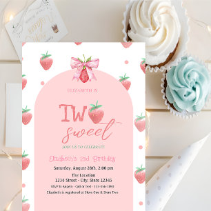 Invitation Aquarelle Fraises Bow Two Sweet 2e anniversaire