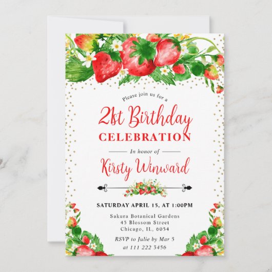 Invitation Aquarelle Fraises et fleurs 21e anniversaire (Devant)