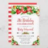 Invitation Aquarelle Fraises et fleurs 21e anniversaire (Devant / Derrière)