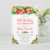 Invitation Aquarelle Fraises et fleurs 50e anniversaire (Debout devant)