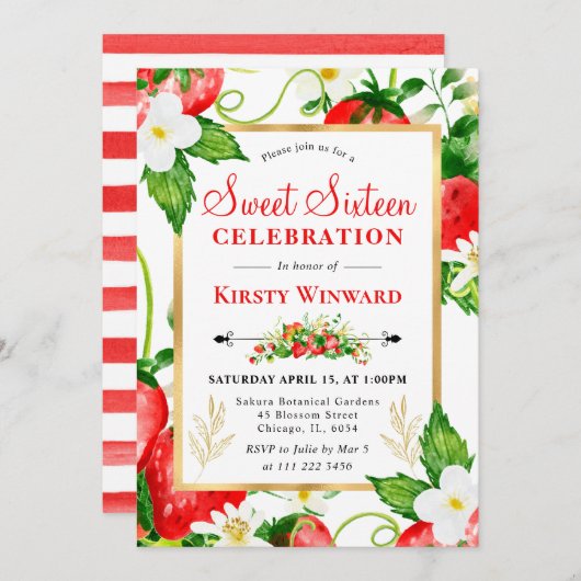 Invitation Aquarelle Fraises et fleurs doux 16 (Devant / Derrière)