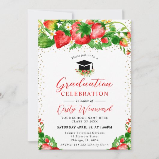Invitation Aquarelle Fraises et fleurs Graduation (Devant)