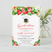 Invitation Aquarelle Fraises et fleurs Graduation (Debout devant)