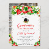 Invitation Aquarelle Fraises et fleurs Graduation (Devant / Derrière)