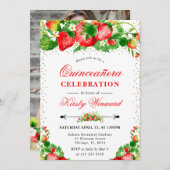 Invitation Aquarelle Fraises et fleurs Quinceanera (Devant / Derrière)