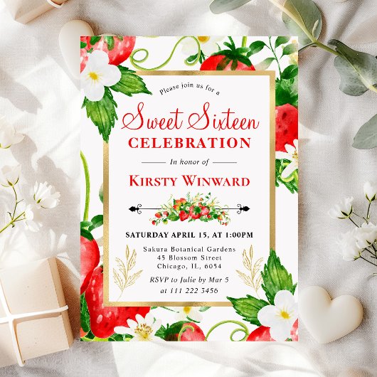 Invitation Aquarelle Fraises et Fleurs Sweet 16