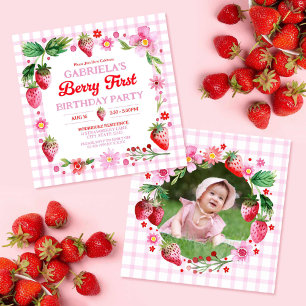 Invitation Aquarelle Fraises Fille 1er anniversaire Photo