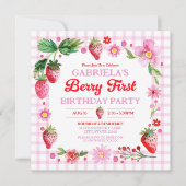 Invitation Aquarelle Fraises Fille 1er anniversaire Photo (Devant)