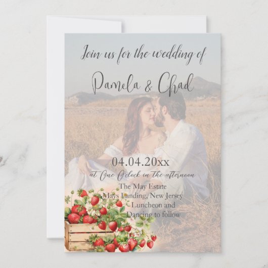 Invitation Aquarelle Fraises Photo Code QR Mariage (Devant)