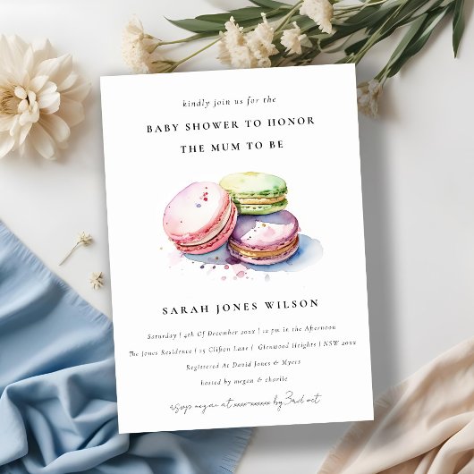 Invitation Aquarelle Français Macarons Baby shower boulangeri
