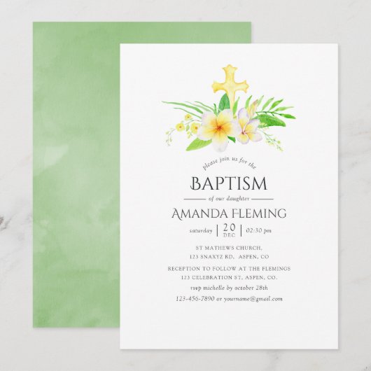 Invitation Aquarelle Frangipani Baptême ou Christening (Devant / Derrière)