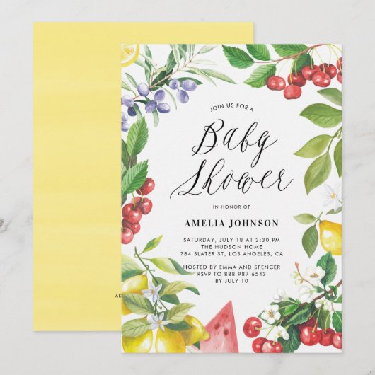 Invitation Aquarelle Fruits d'été Baby shower Floral (Devant / Derrière)