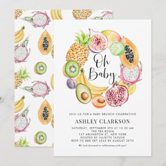 Invitation Aquarelle Fruits tropicaux Baby shower Brunch (Devant / Derrière)