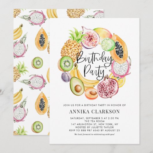 Invitation Aquarelle Fruits tropicaux Fête d'été (Devant / Derrière)