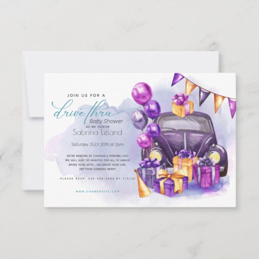 Invitation Aquarelle Fuchsia Amethyst Drive-Thru Baby shower (Devant)