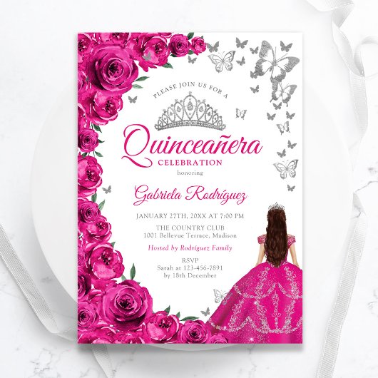 Invitation Aquarelle Fuchsia Rose Floral Quinceanera