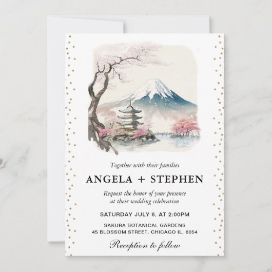 Invitation Aquarelle Fuji japonais et Pagode Mariage Pittores (Devant)