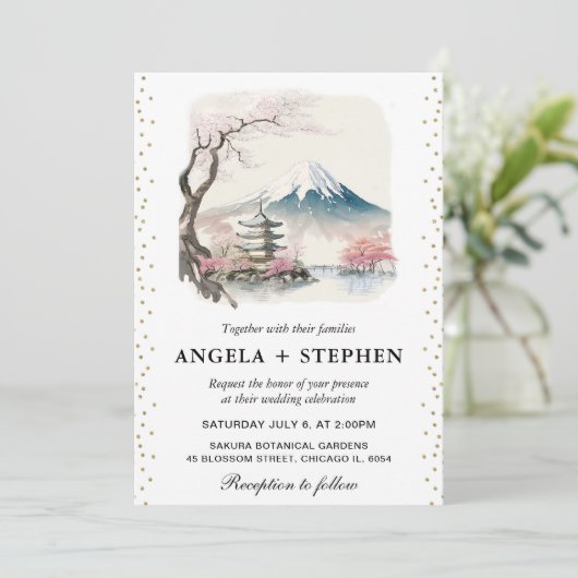 Invitation Aquarelle Fuji japonais et Pagode Mariage Pittores (Debout devant)