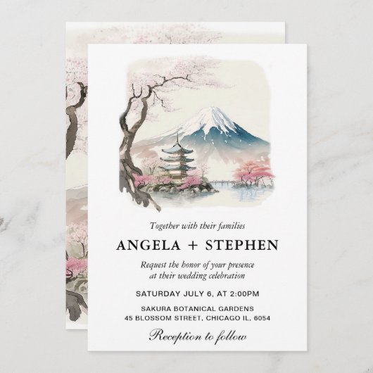 Invitation Aquarelle Fuji japonais et Pagode Mariage Pittores (Devant / Derrière)