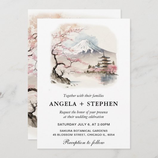 Invitation Aquarelle Fuji japonais et Pagode Mariage Pittores (Devant / Derrière)
