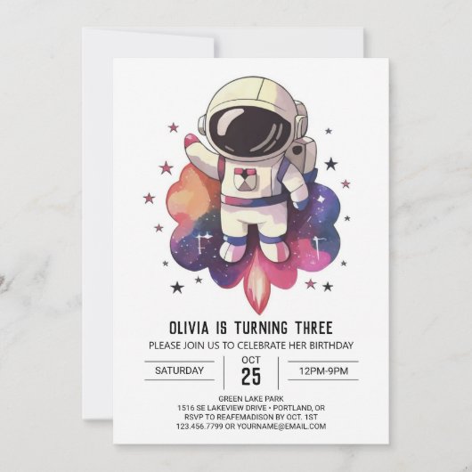 Invitation Aquarelle Galaxy Wonderland Astronaut Anniversaire (Devant)