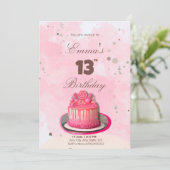 Invitation Aquarelle gâteau d'anniversaire rose (Debout devant)