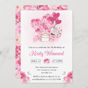 Invitation Aquarelle Gâteau rose et coeur floral Anniversaire