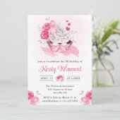 Invitation Aquarelle Gâteau rose et Fleurs fête d'anniversair (Debout devant)