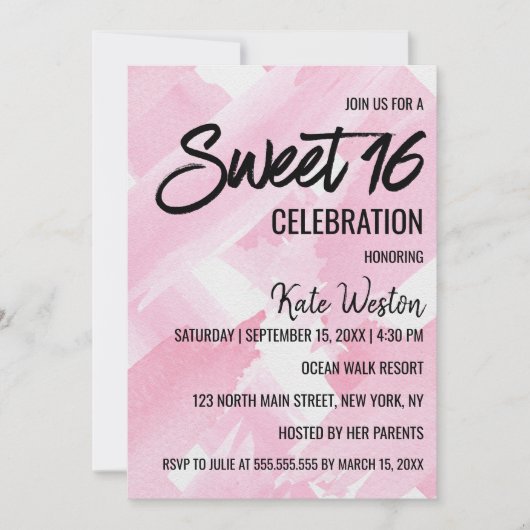 Invitation Aquarelle Géante Rose Fille Brosses Sweet 16 (Devant)