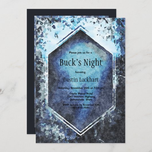 Invitation Aquarelle géométrique bleue Buck's Night (Devant / Derrière)