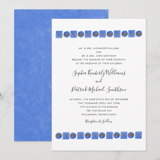 Invitation Aquarelle géométrique bleue | nom du père mariage (Devant / Derrière)
