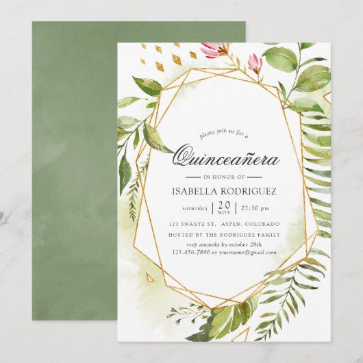 Invitation Aquarelle Géométrique Cristal Verdure Quinceañera (Devant / Derrière)