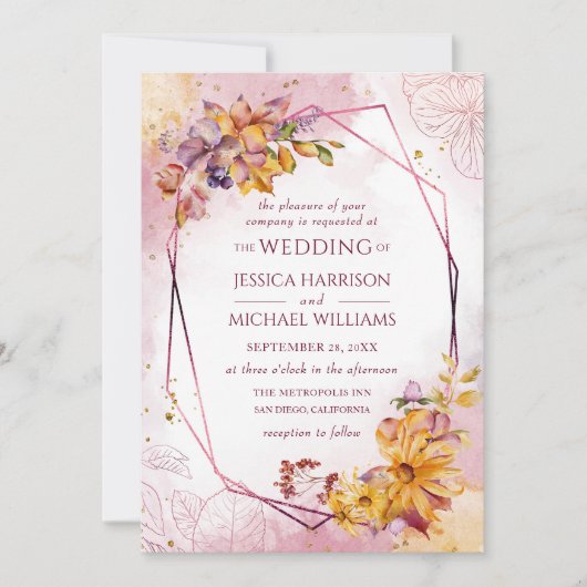 Invitation Aquarelle Géométrique Floral Automne Marsala Maria (Devant)