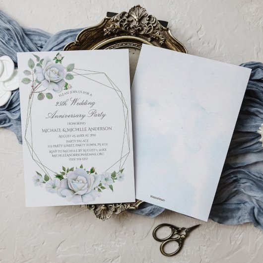Invitation Aquarelle géométrique florale blanche 25e annivers