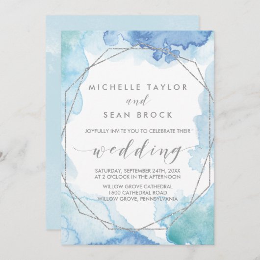 Invitation Aquarelle géométrique | Mariage argenté (Devant / Derrière)