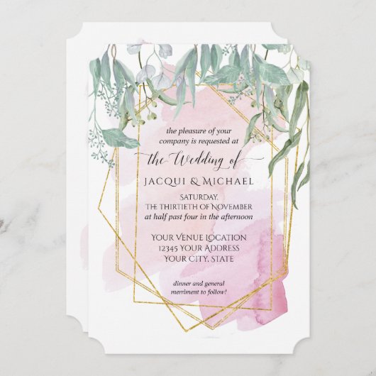 Invitation Aquarelle géométrique moderne rose pâle Eucalyptus (Devant / Derrière)