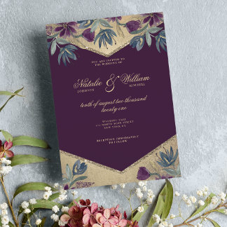 Invitation Aquarelle géométrique violet or mariage floral