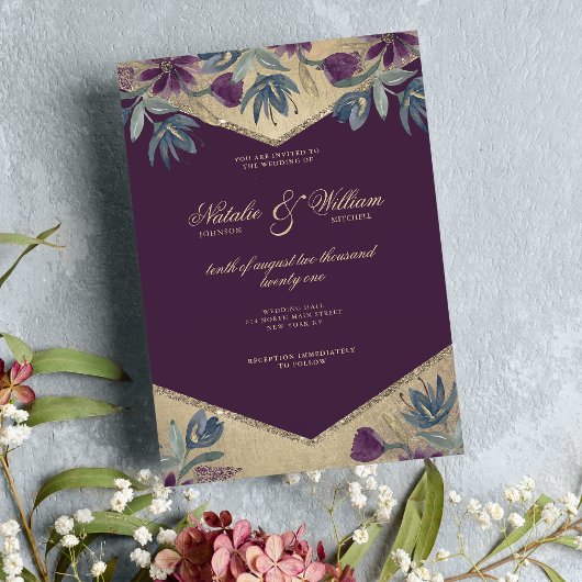 Invitation Aquarelle géométrique violet or mariage floral