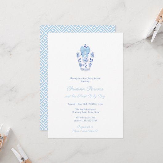 Invitation Aquarelle Ginger Jar Blue Ribbon Baby Boy Douche (Devant/Arrière en situation)
