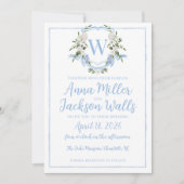 Invitation Aquarelle Ginger Jar Monogram Crest, Bleu Blanc (Devant)
